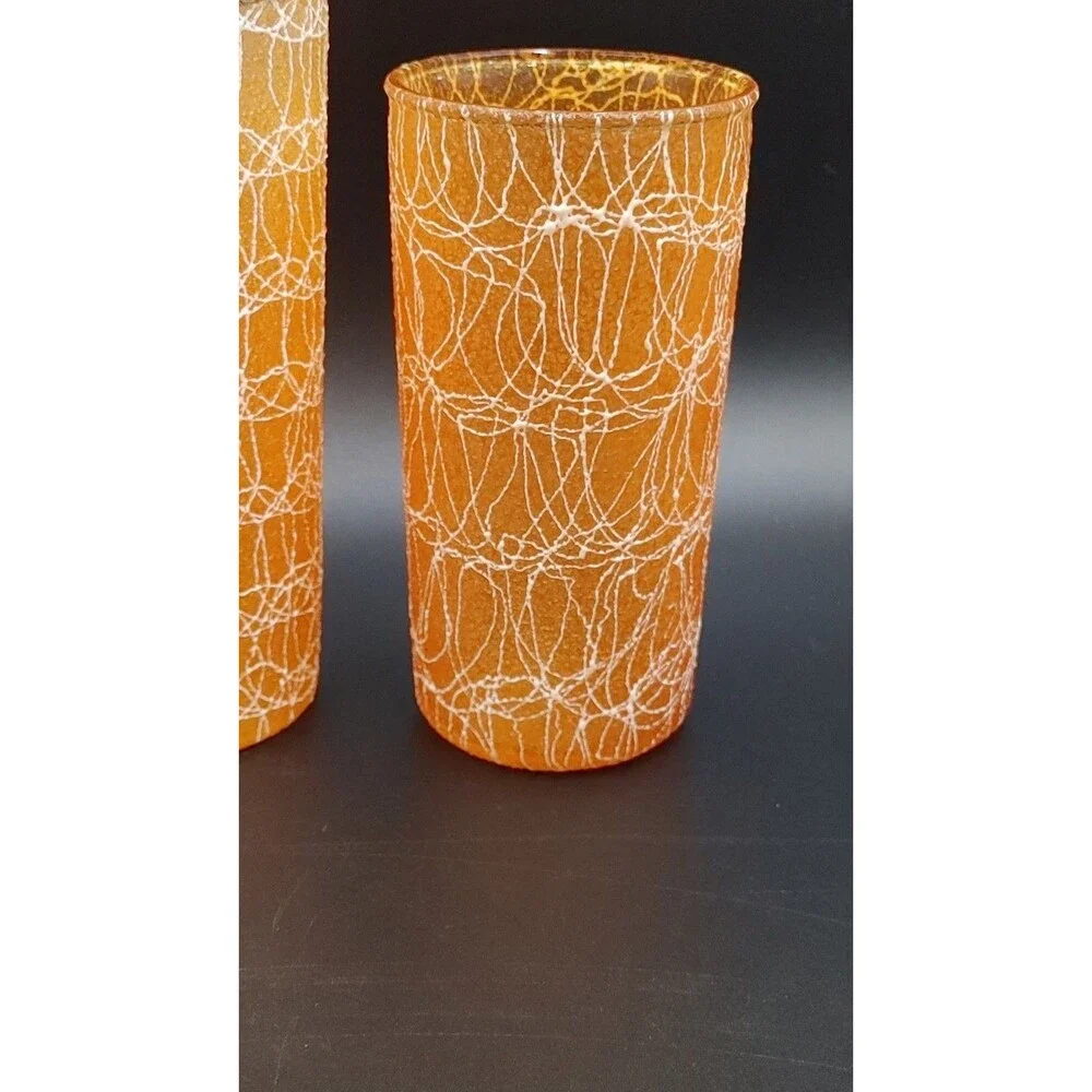 Pair 2 Spaghetti String Glasses Tumblers Rubber MCM VTG 50s 16 oz & 12 oz Orange